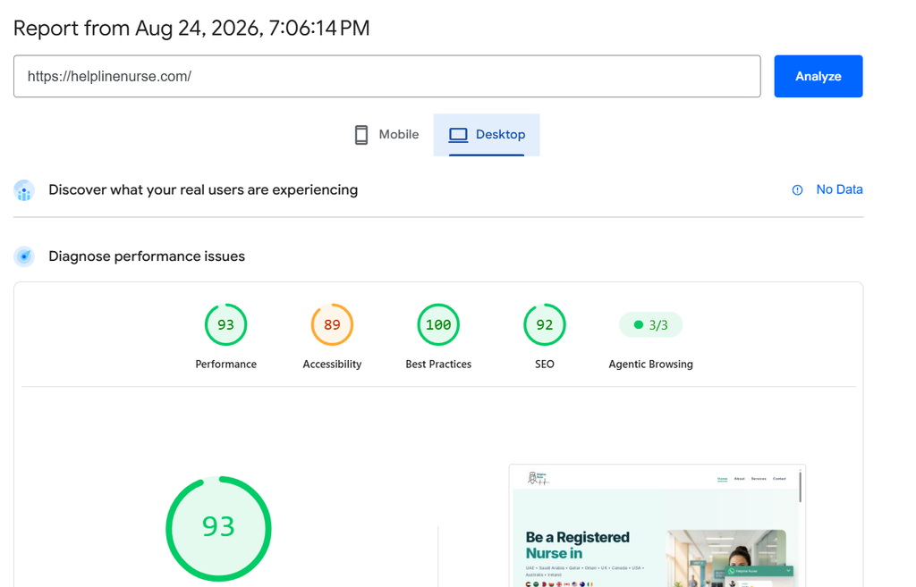 Screenshot of Google PageSpeed Insights report displaying a 90+ speed score, high Core Web Vitals performance, and optimal load times for the Helpline Nurse custom Classic WordPress theme.